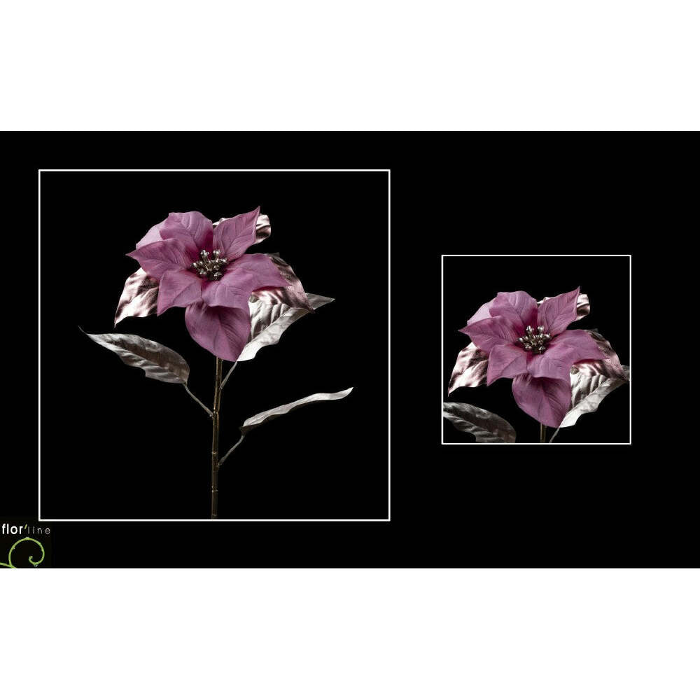 Tige de poinsettia fleur artificielle 2 tons velours fuschia or hauteur 80 cm - NO1