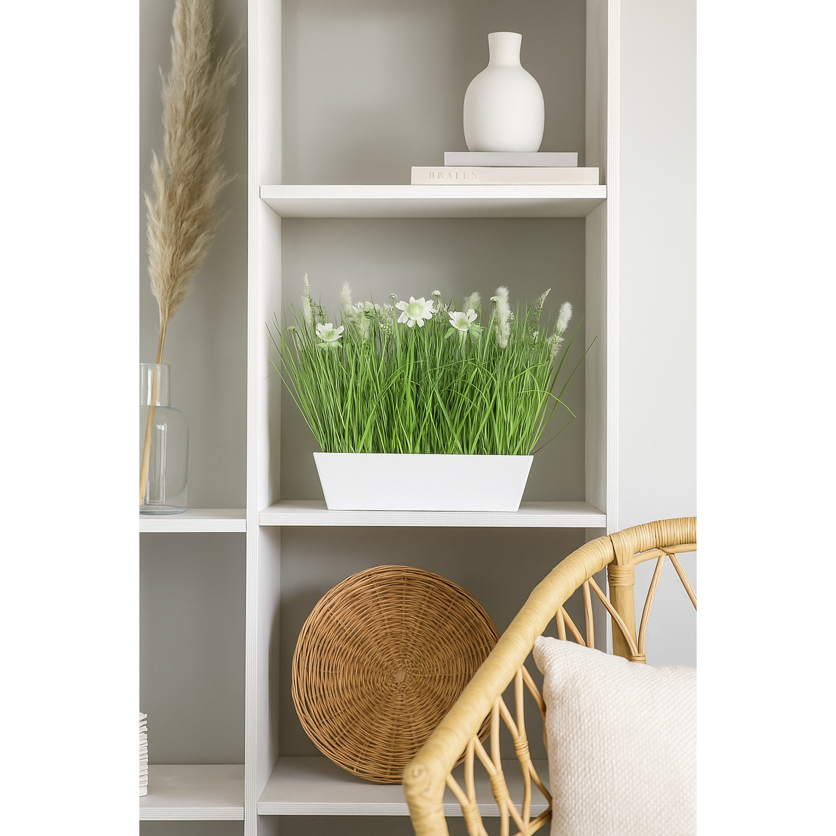 Composition artificielle fleurs de prairie - coupe plastique rectangulaire blanche - H.41cm Q1