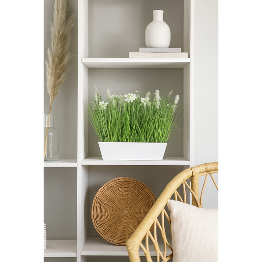 Composition artificielle fleurs de prairie - coupe plastique rectangulaire blanche - H.41cm Q1