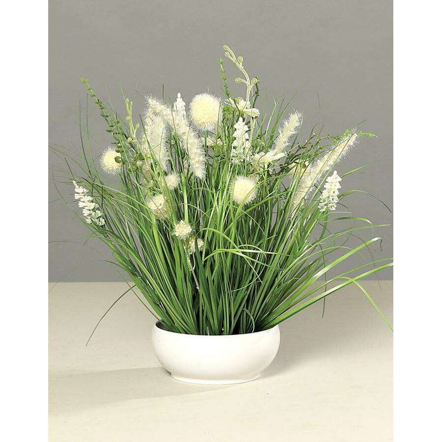 Composition artificielle fleurs de prairie blanches - coupe céramique blanche - H.40cm P1