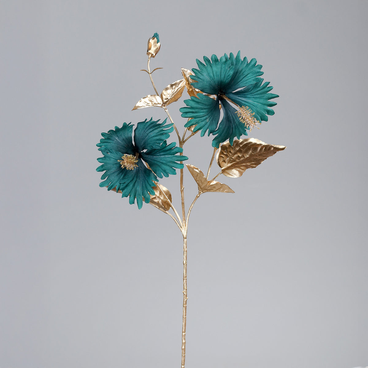 Fleur artificielle Hibiscus bleu sarcelle et or – 70 cm – 2 fleurs - NO3