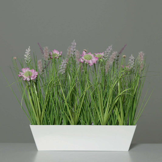 Composition artificielle fleurs de prairie - coupe plastique rectangulaire rose - H.41cm Q1