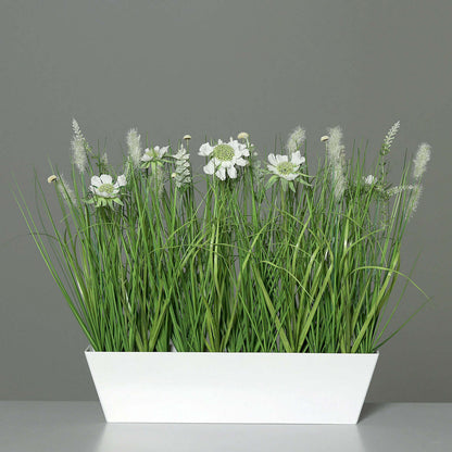 Composition artificielle fleurs de prairie - coupe plastique rectangulaire blanche - H.41cm Q1