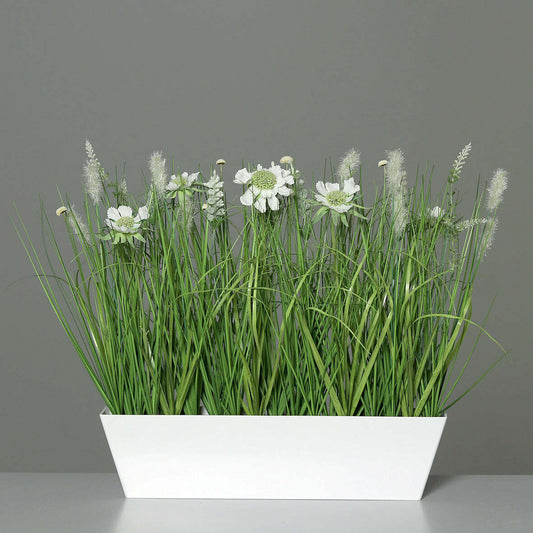 Composition artificielle fleurs de prairie - coupe plastique rectangulaire blanche - H.41cm Q1