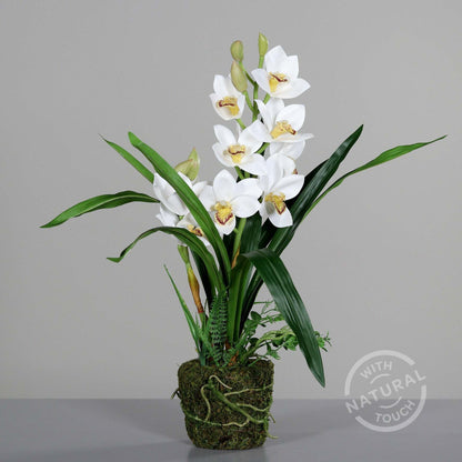 Orchidée artificielle cymbidium en motte - Feuillage intérieur - H.62cm blanc S3