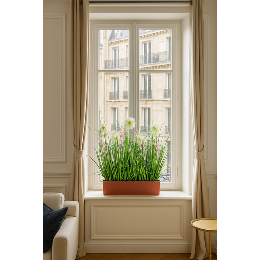 Composition artificielle fleurs de prairie et herbes sur mousse - pour jardinière rose - H.75cm - P4
