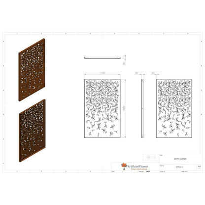 Panneau Acier Corten décors naturel feuillage - jardin terrasse - H.180x110cm rouille